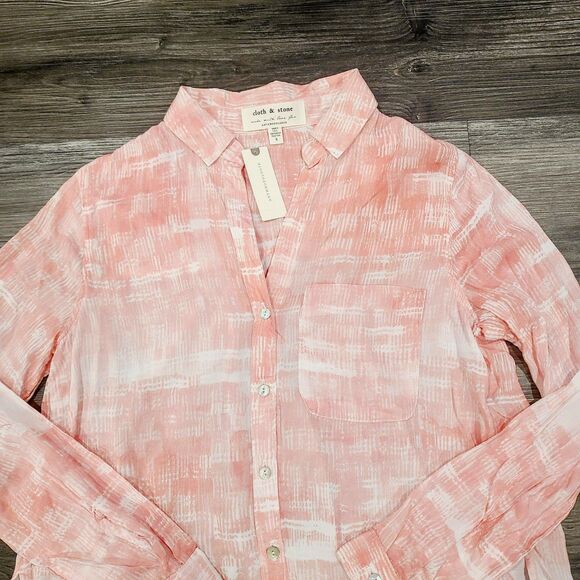 NEW Cloth & Stone Anthro Top S Pink White Lightweight Button-Front V-Neck Blouse - Picture 2 of 11